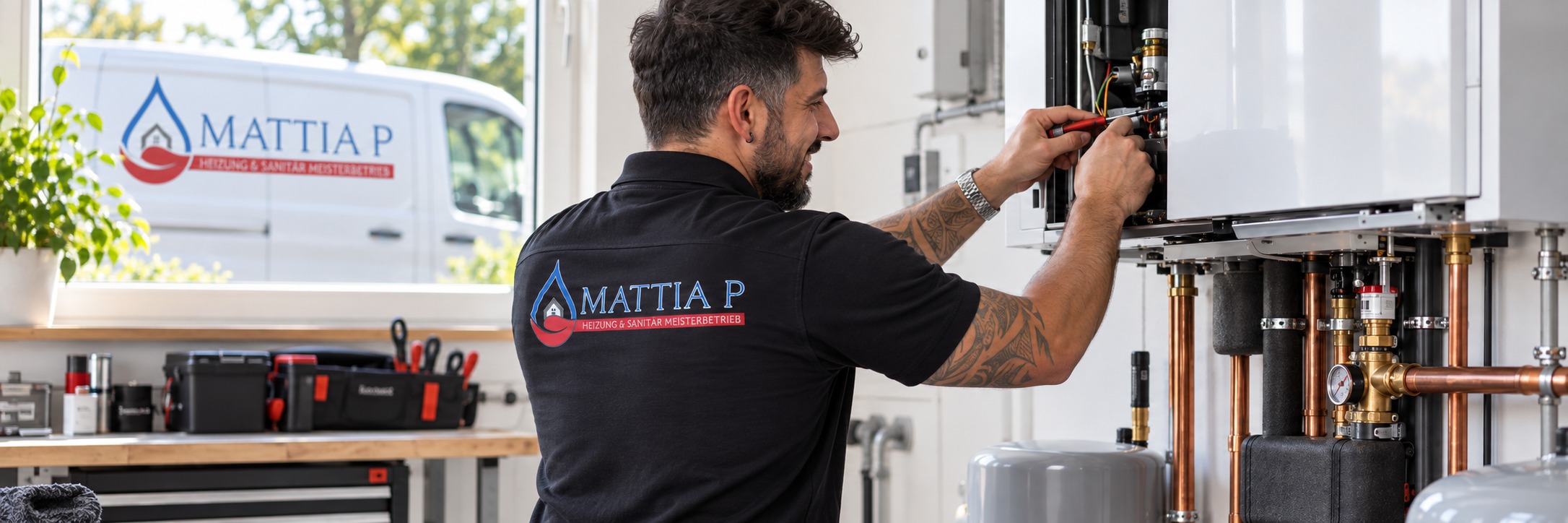 Handwerker bei der Wartung einer Heizungsanlage (Symbolbild, KI-generiert oder KI-bearbeitet)