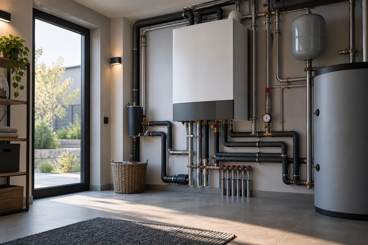 Moderne Heizungsanlage im Technikraum mit praezise verlegten Leitungen