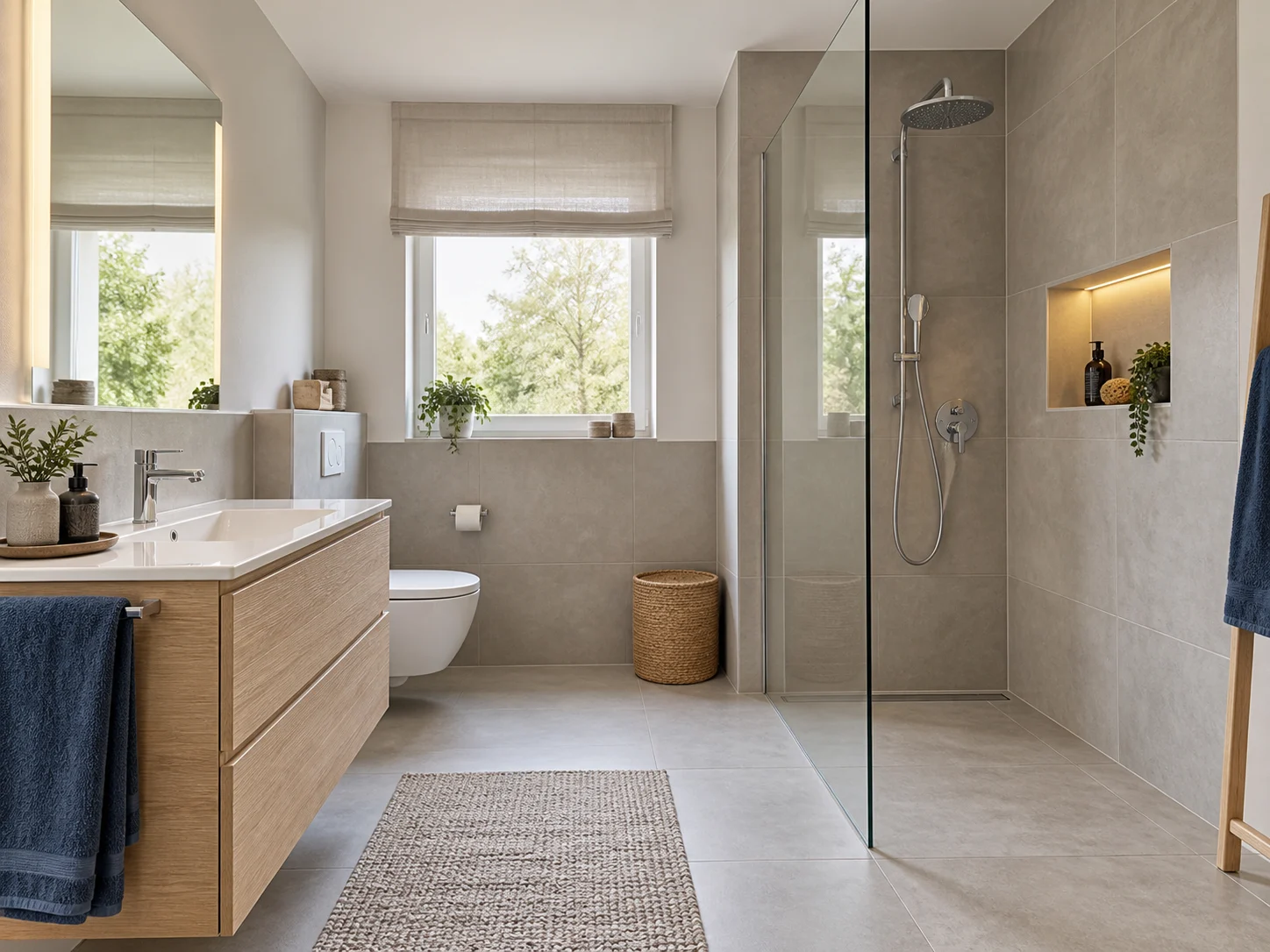 Hochwertig gestaltetes Bad mit bodengleicher Dusche
