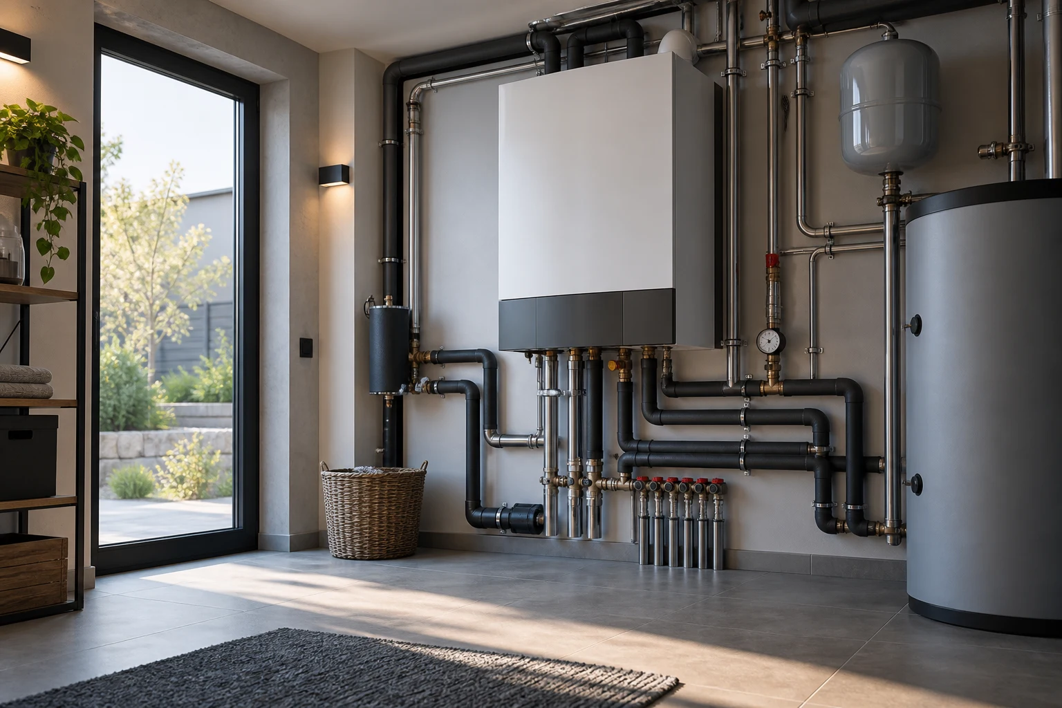 Moderne Heizungsanlage mit präzise verlegten Leitungen