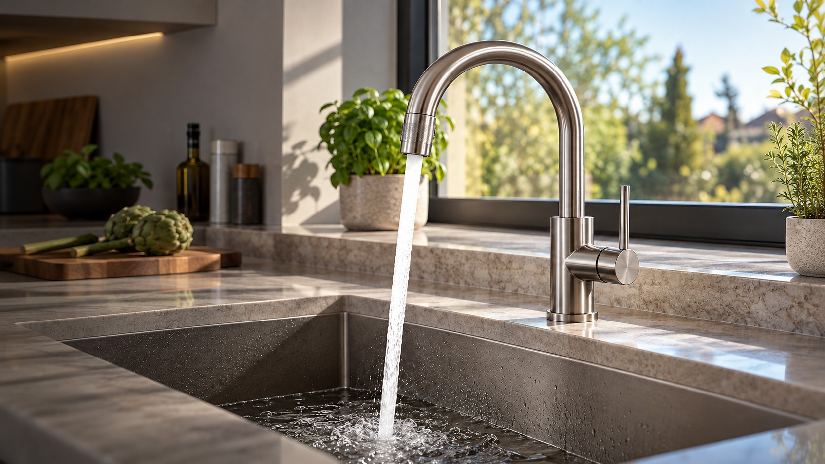 Edelstahl-Küchenarmatur mit klarem Wasserstrahl über einer Steinarbeitsplatte im Tageslicht