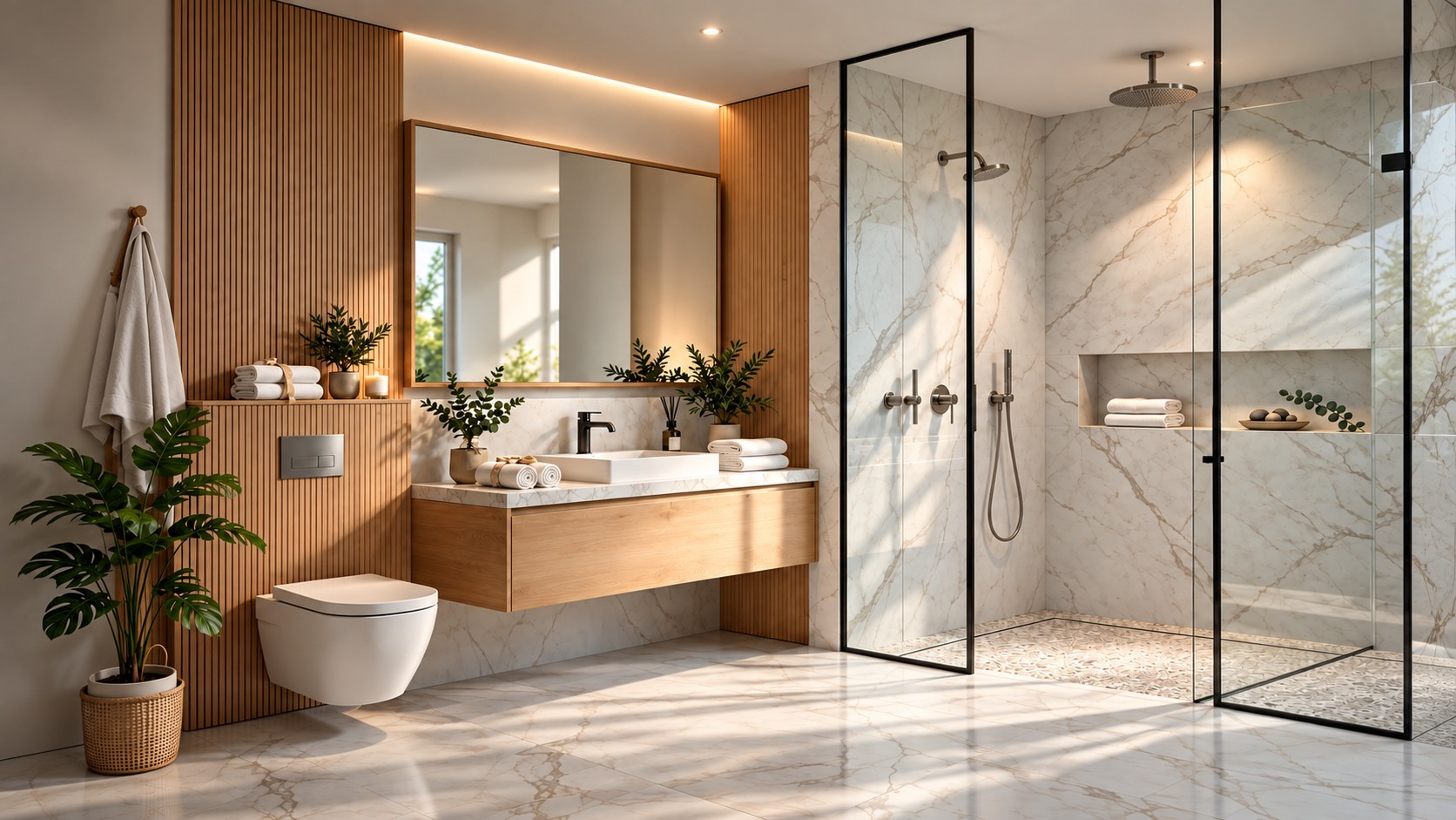 Helles, modernes Bad mit Holzpaneelen, schwebendem Waschtisch, Wand-WC und bodengleicher Glasdusche